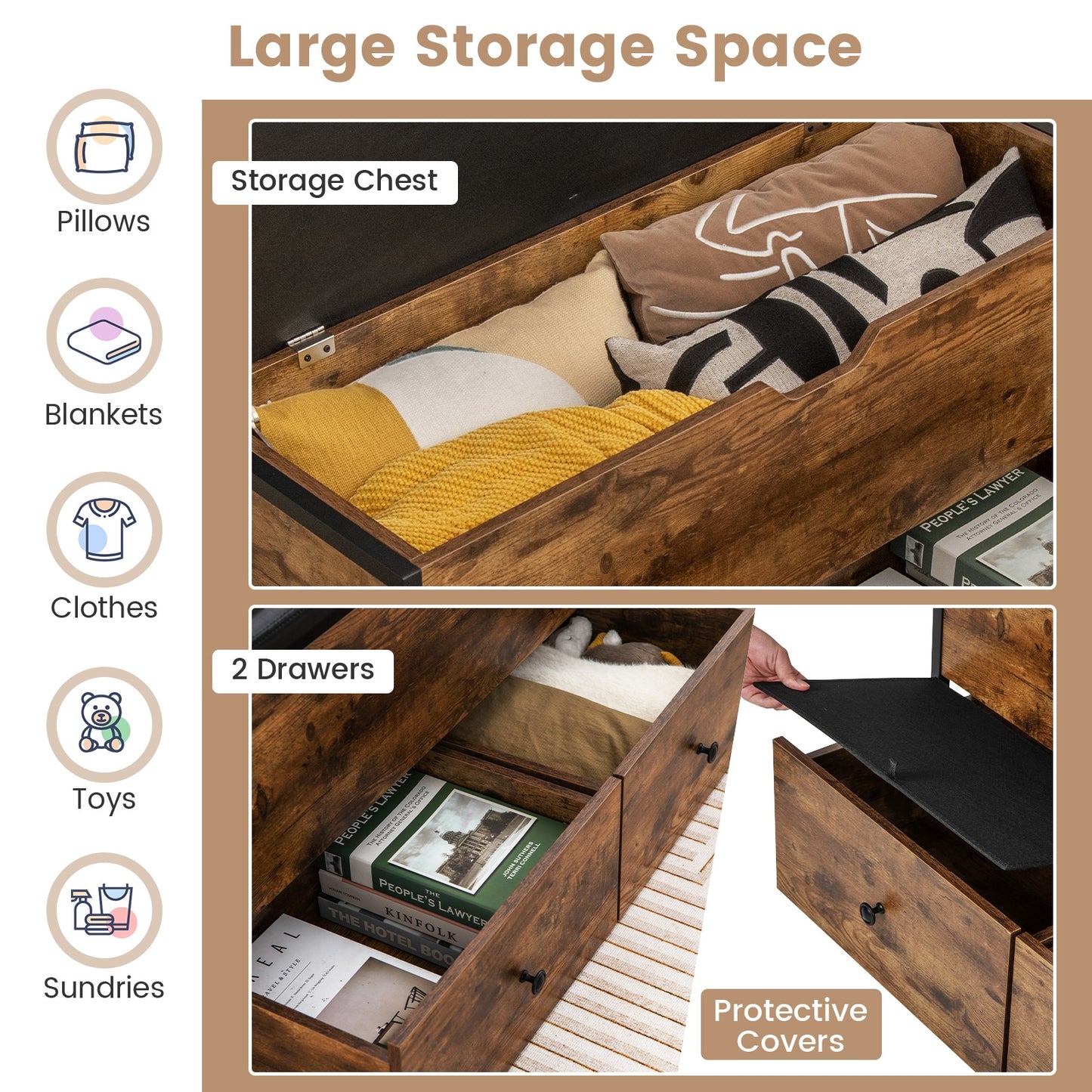 Storage Ottoman Bench with Padded Seat Cushion and 2 Drawers for Entryway-Brown Kids Crystal