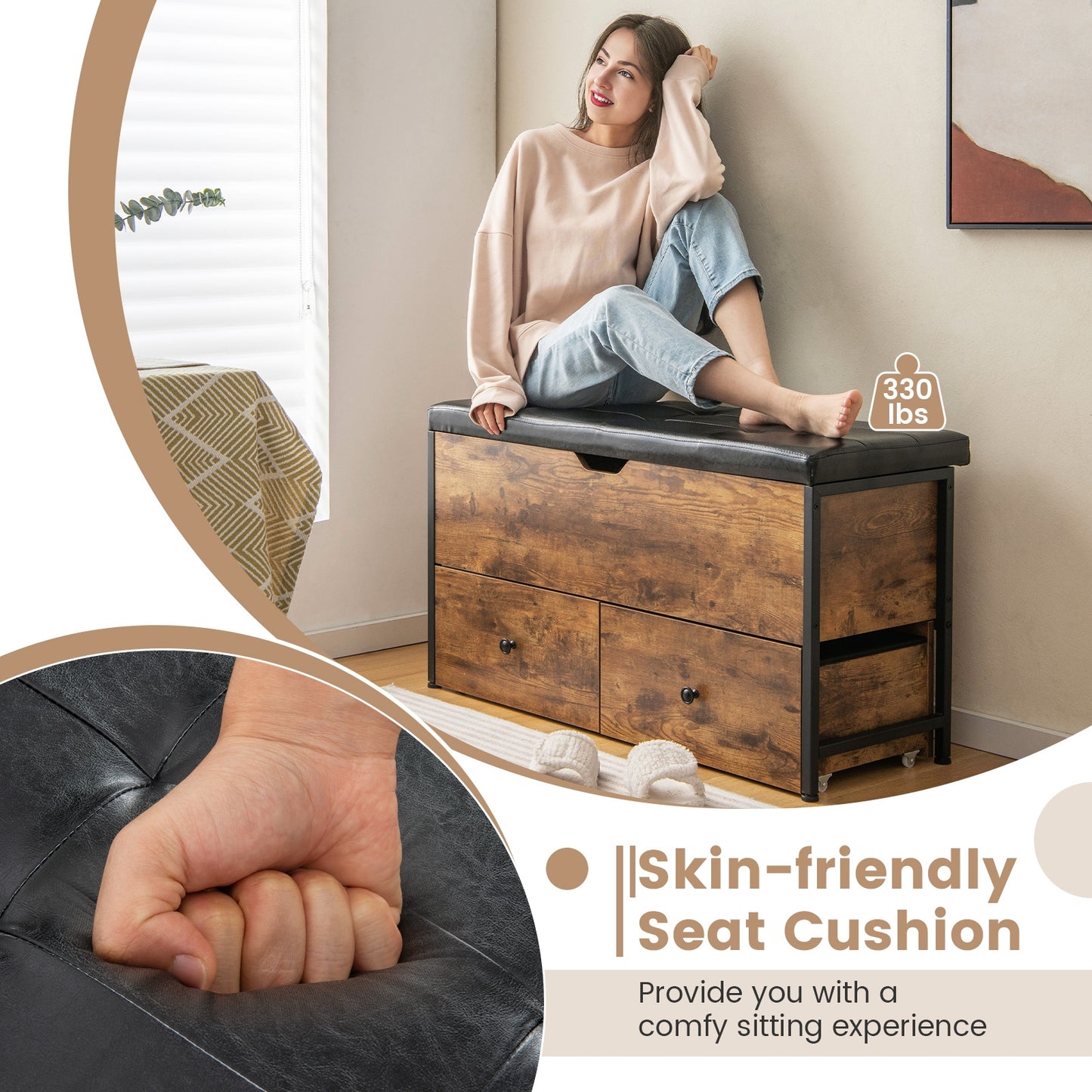 Storage Ottoman Bench with Padded Seat Cushion and 2 Drawers for Entryway-Brown Kids Crystal