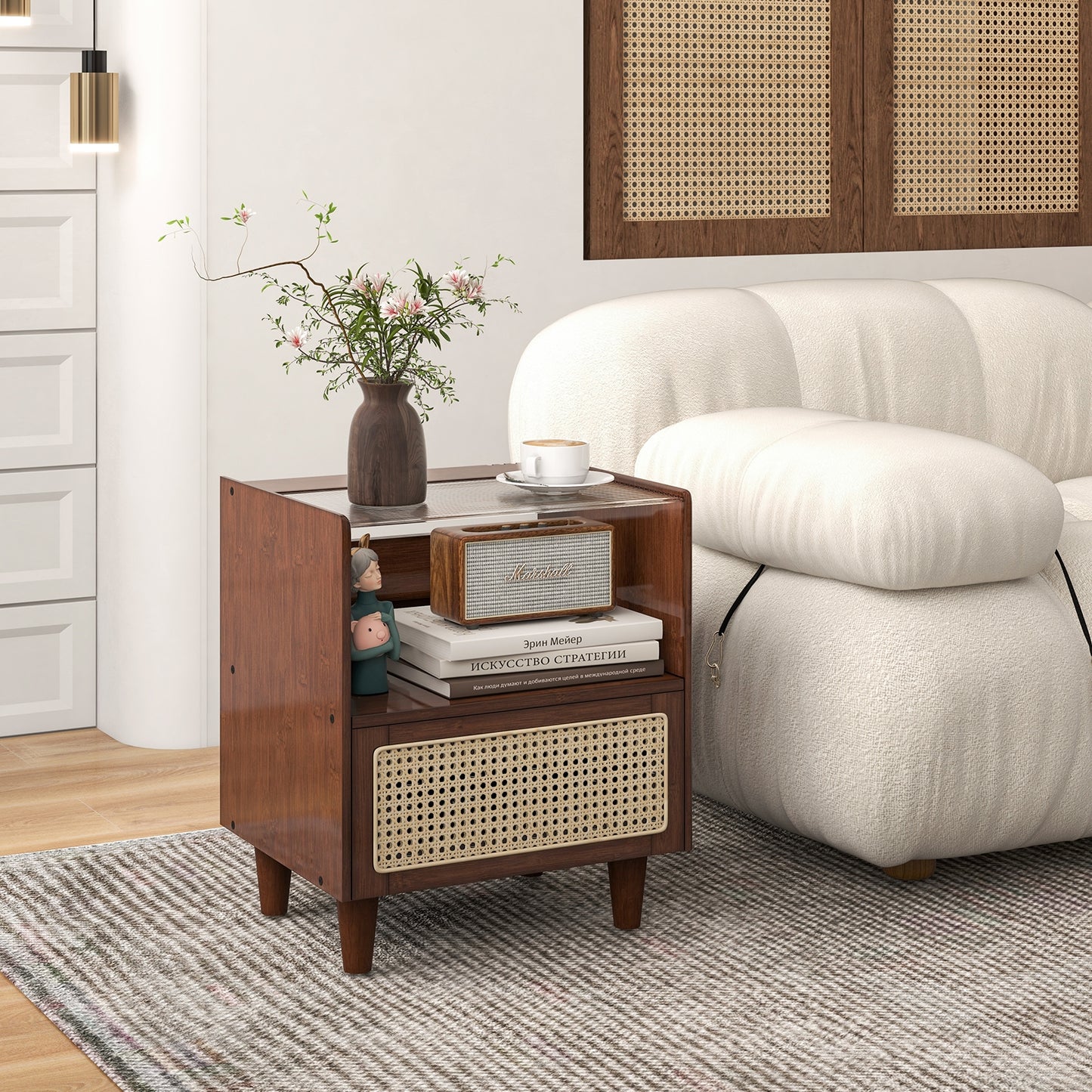 2 Pieces Bamboo Rattan Nightstand with Drawer and Solid Wood Legs-Brown Kids Crystal