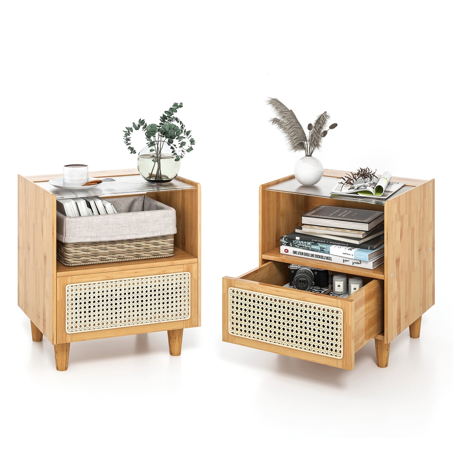 2 Pieces Bamboo Rattan Nightstand with Drawer and Solid Wood Legs-Natural Kids Crystal