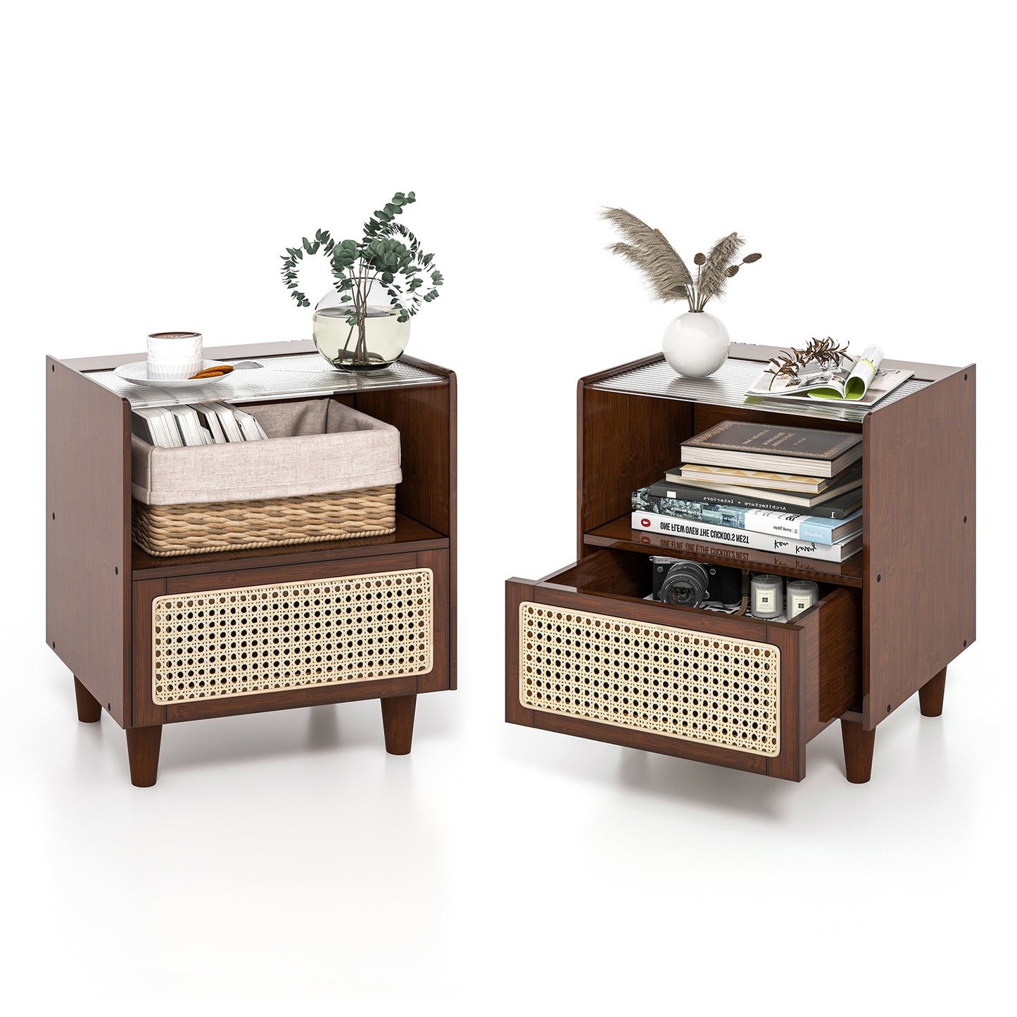 2 Pieces Bamboo Rattan Nightstand with Drawer and Solid Wood Legs-Brown Kids Crystal