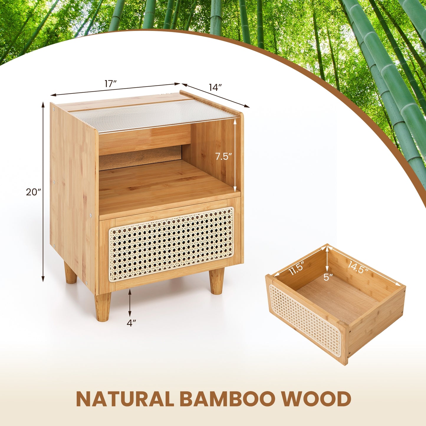 2 Pieces Bamboo Rattan Nightstand with Drawer and Solid Wood Legs-Natural Kids Crystal