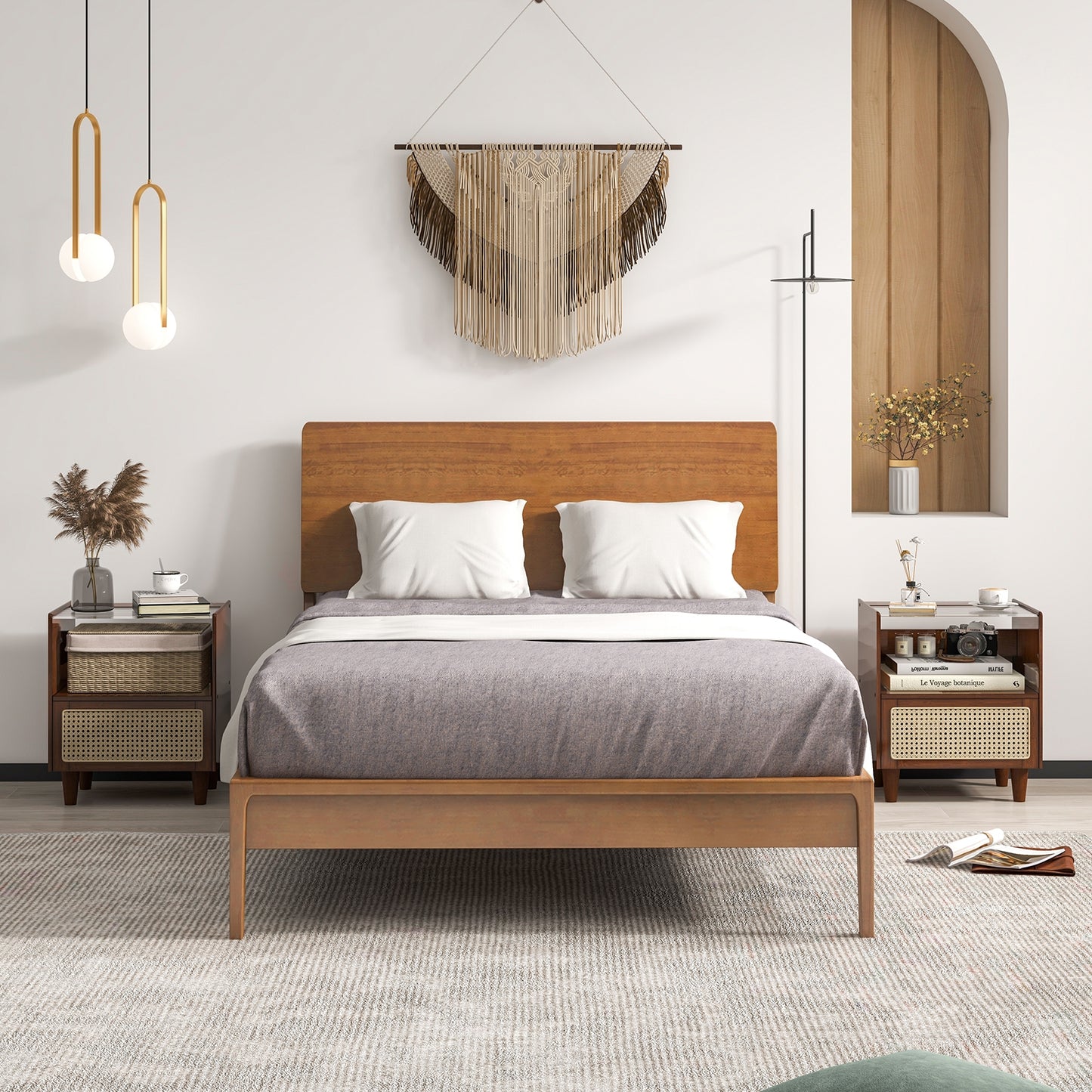 2 Pieces Bamboo Rattan Nightstand with Drawer and Solid Wood Legs-Brown Kids Crystal