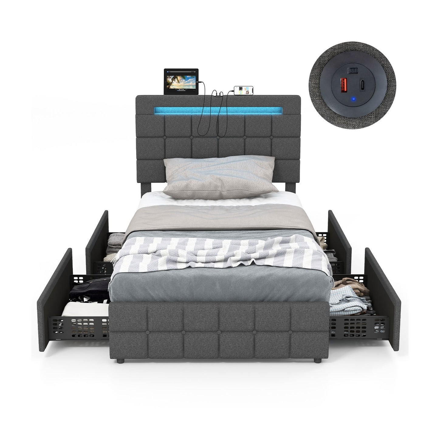 Upholstered LED Bed Frame with Headboard and 4 Drawers-Twin Size Kids Crystal