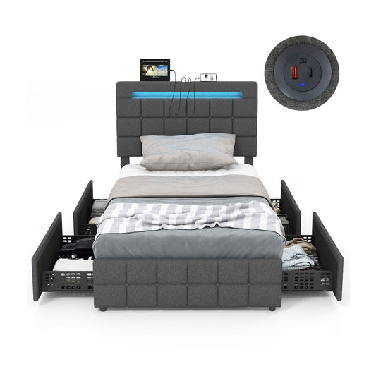 Upholstered LED Bed Frame with Headboard and 4 Drawers-Twin Size Kids Crystal