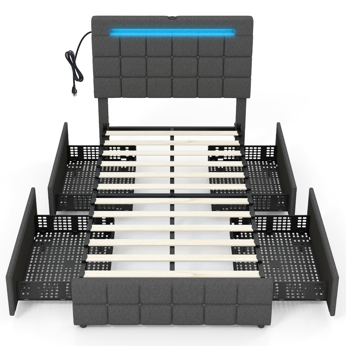 Upholstered LED Bed Frame with Headboard and 4 Drawers-Twin Size Kids Crystal