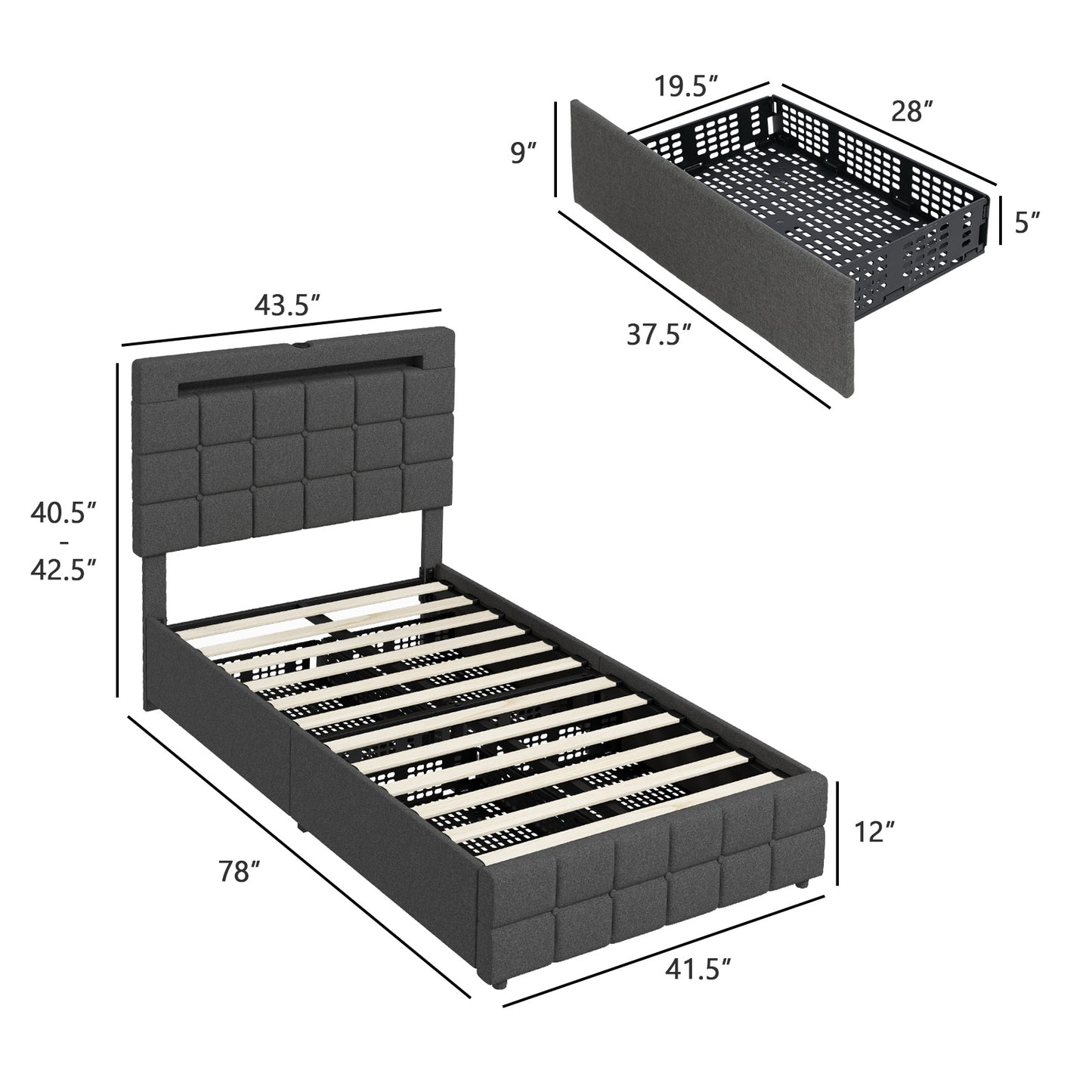 Upholstered LED Bed Frame with Headboard and 4 Drawers-Twin Size Kids Crystal
