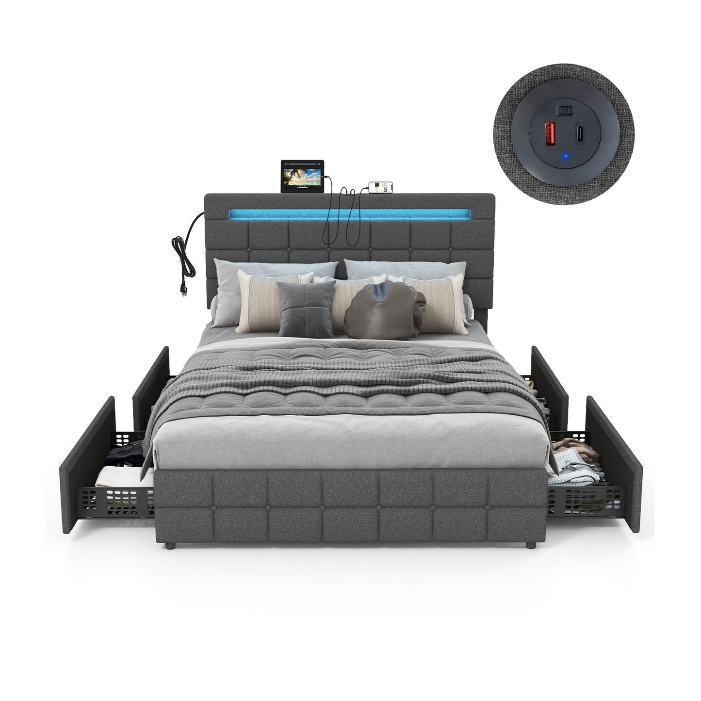 Upholstered LED Bed Frame with Headboard and 4 Drawers-Full Size Kids Crystal