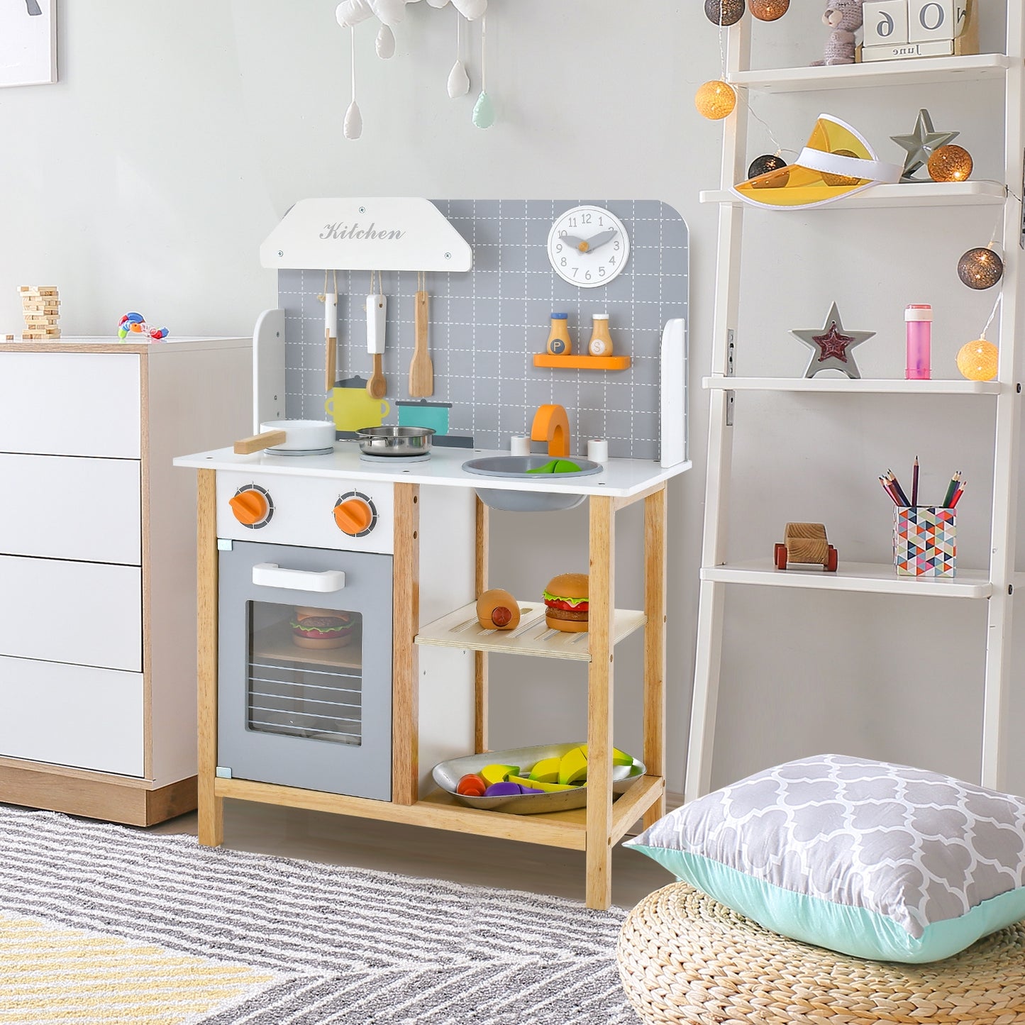 Wooden Toddler Pretend Kitchen Set with Cookware Accessories for Boys and Girls-Grey Kids Crystal