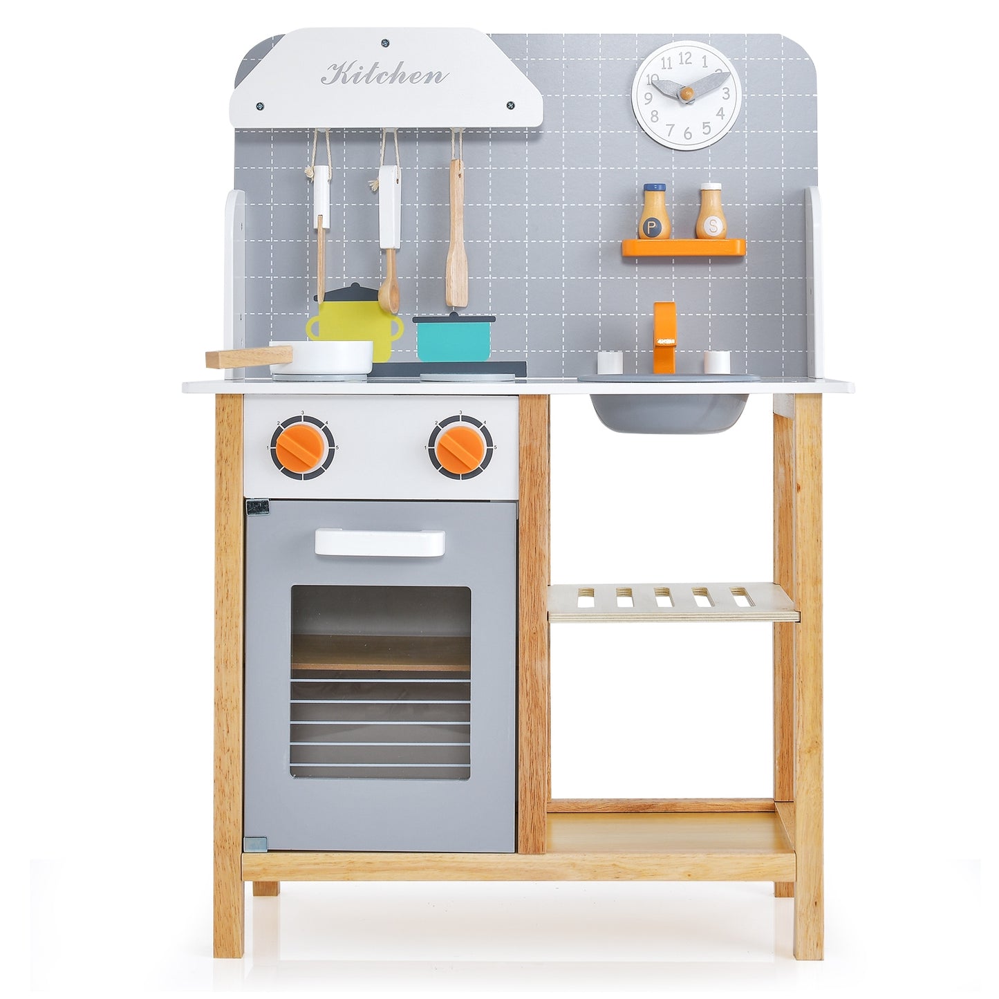 Wooden Toddler Pretend Kitchen Set with Cookware Accessories for Boys and Girls-Grey Kids Crystal