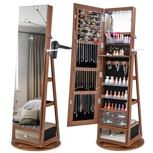 Lockable 360° Swivel Jewelry Cabinet with Full-Length Mirror LED Lights-Walnut Kids Crystal