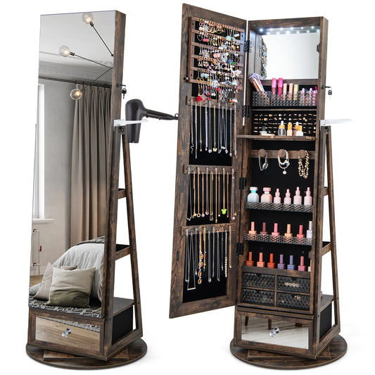 Lockable 360° Swivel Jewelry Cabinet with Full-Length Mirror LED Lights-Rustic Brown Kids Crystal