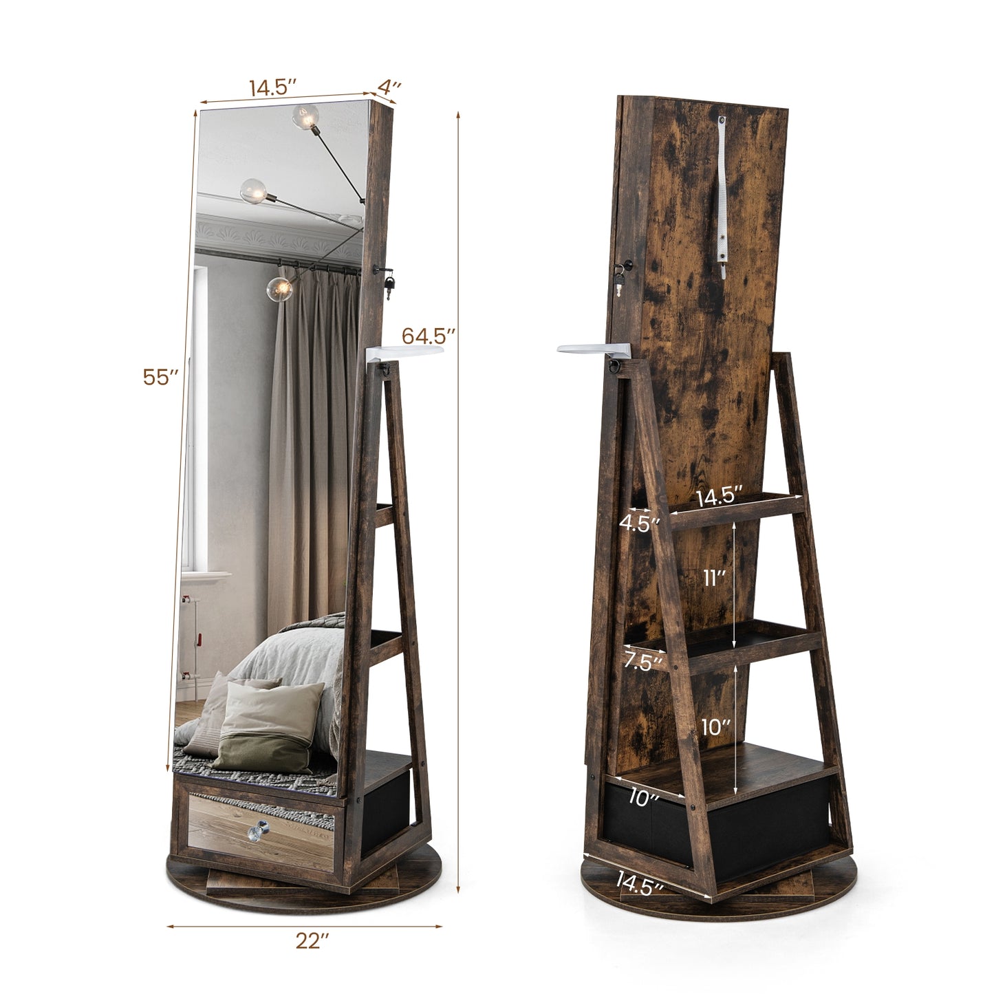 Lockable 360° Swivel Jewelry Cabinet with Full-Length Mirror LED Lights-Rustic Brown Kids Crystal