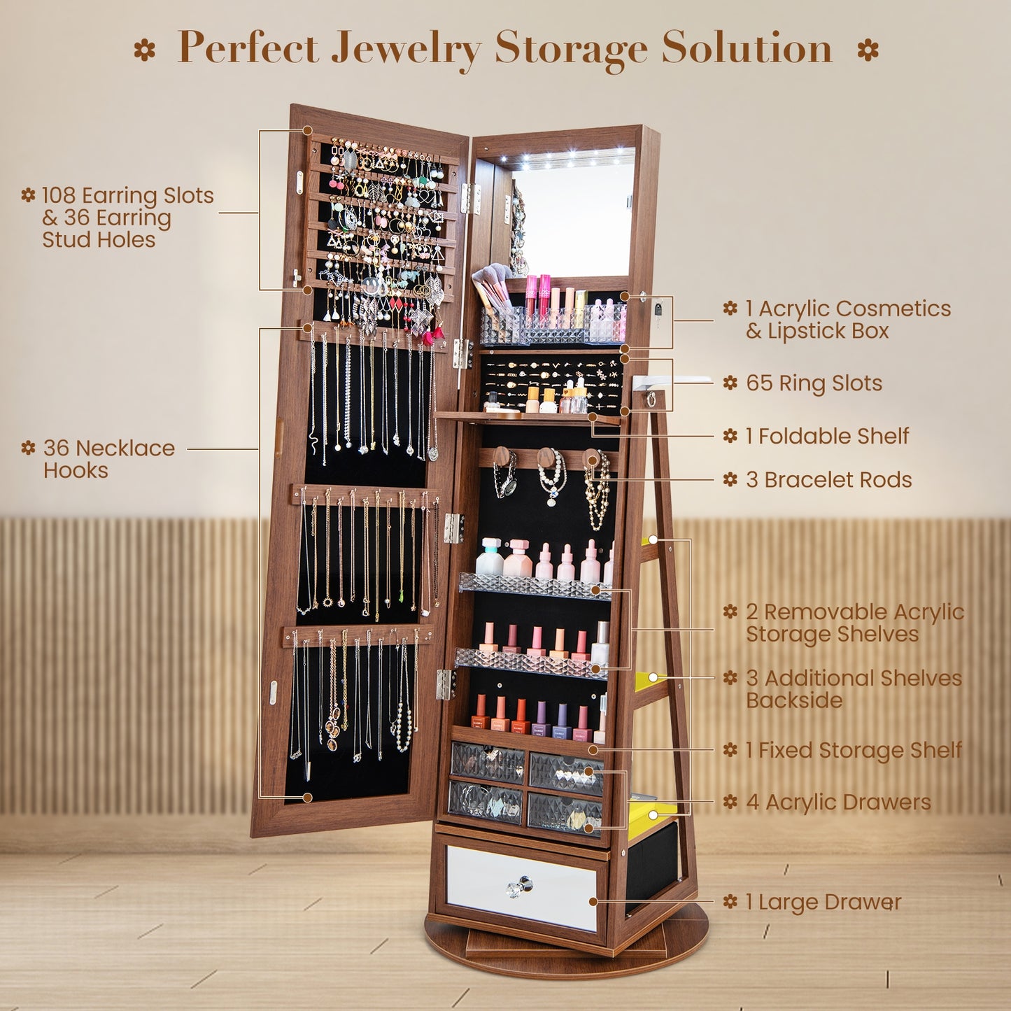 Lockable 360° Swivel Jewelry Cabinet with Full-Length Mirror LED Lights-Walnut Kids Crystal