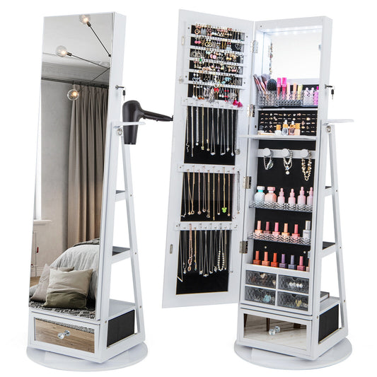 Lockable 360° Swivel Jewelry Cabinet with Full-Length Mirror LED Lights-White Kids Crystal