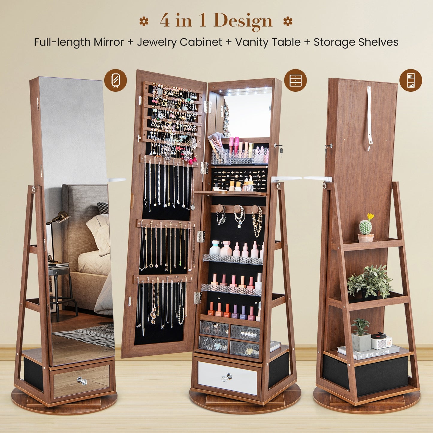 Lockable 360° Swivel Jewelry Cabinet with Full-Length Mirror LED Lights-Walnut Kids Crystal