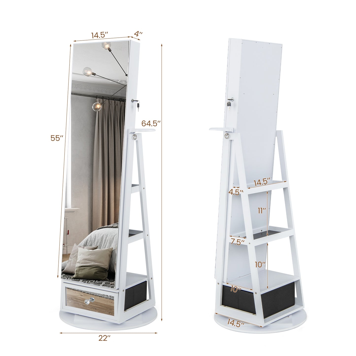 Lockable 360° Swivel Jewelry Cabinet with Full-Length Mirror LED Lights-White Kids Crystal