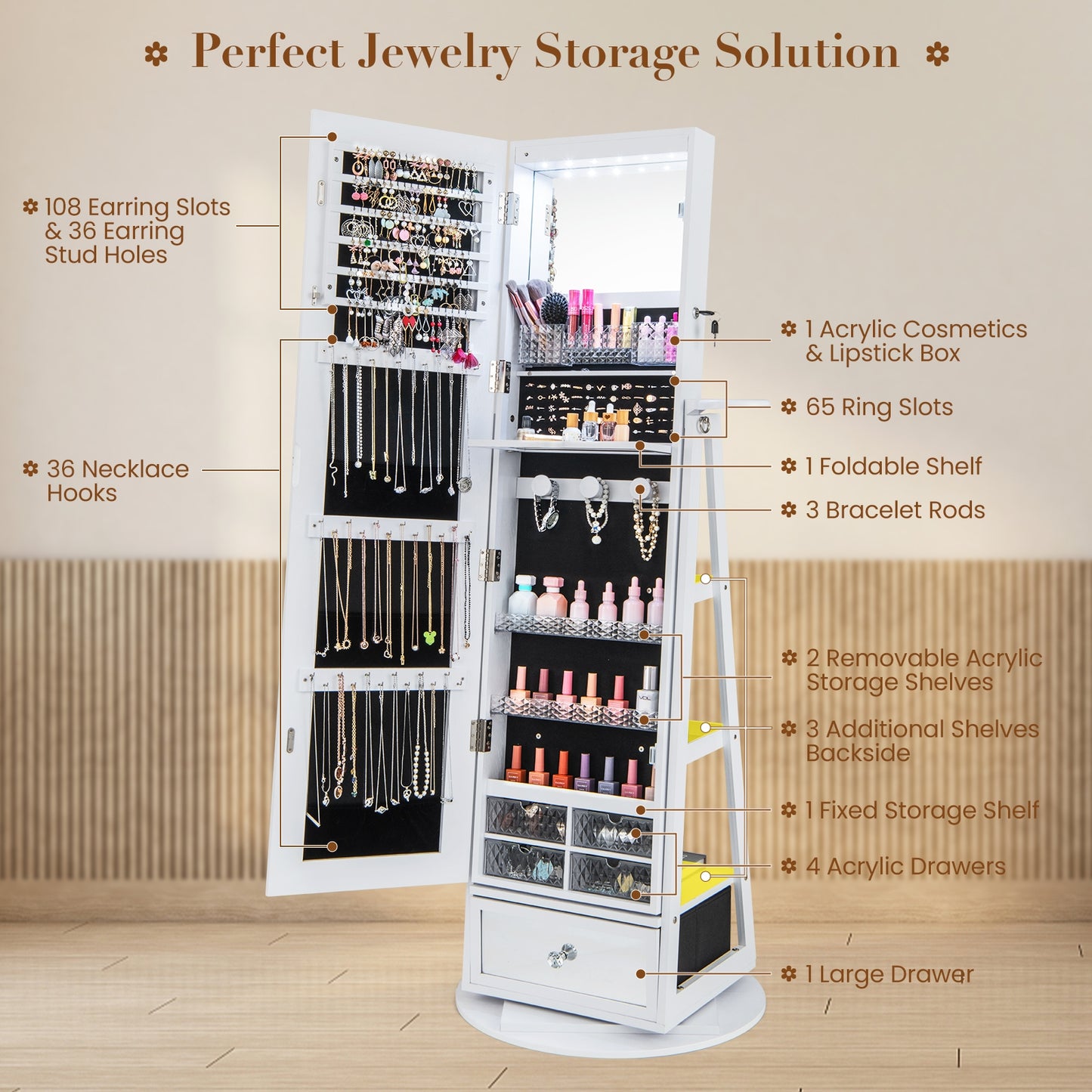 Lockable 360° Swivel Jewelry Cabinet with Full-Length Mirror LED Lights-White Kids Crystal