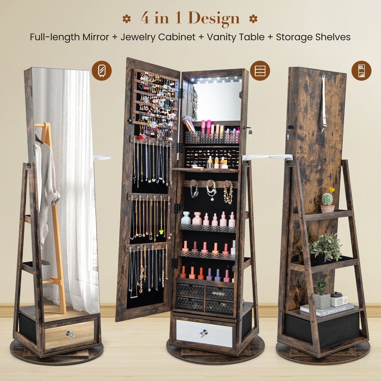 Lockable 360° Swivel Jewelry Cabinet with Full-Length Mirror LED Lights-Rustic Brown Kids Crystal