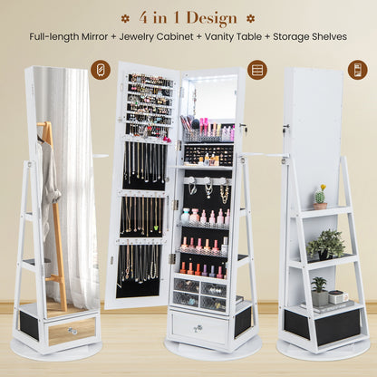 Lockable 360° Swivel Jewelry Cabinet with Full-Length Mirror LED Lights-White