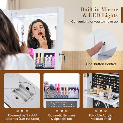 Lockable 360° Swivel Jewelry Cabinet with Full-Length Mirror LED Lights-White