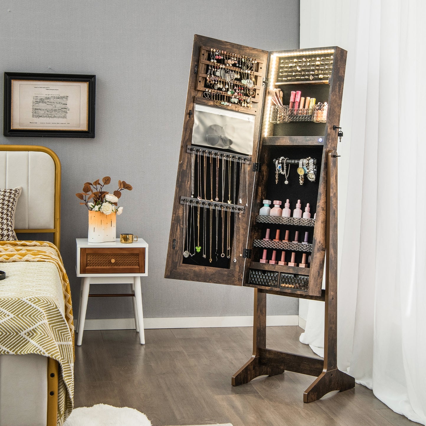 Lockable Jewelry Armoire Standing Cabinet with Lighted Full-Length Mirror-Rustic Brown Kids Crystal