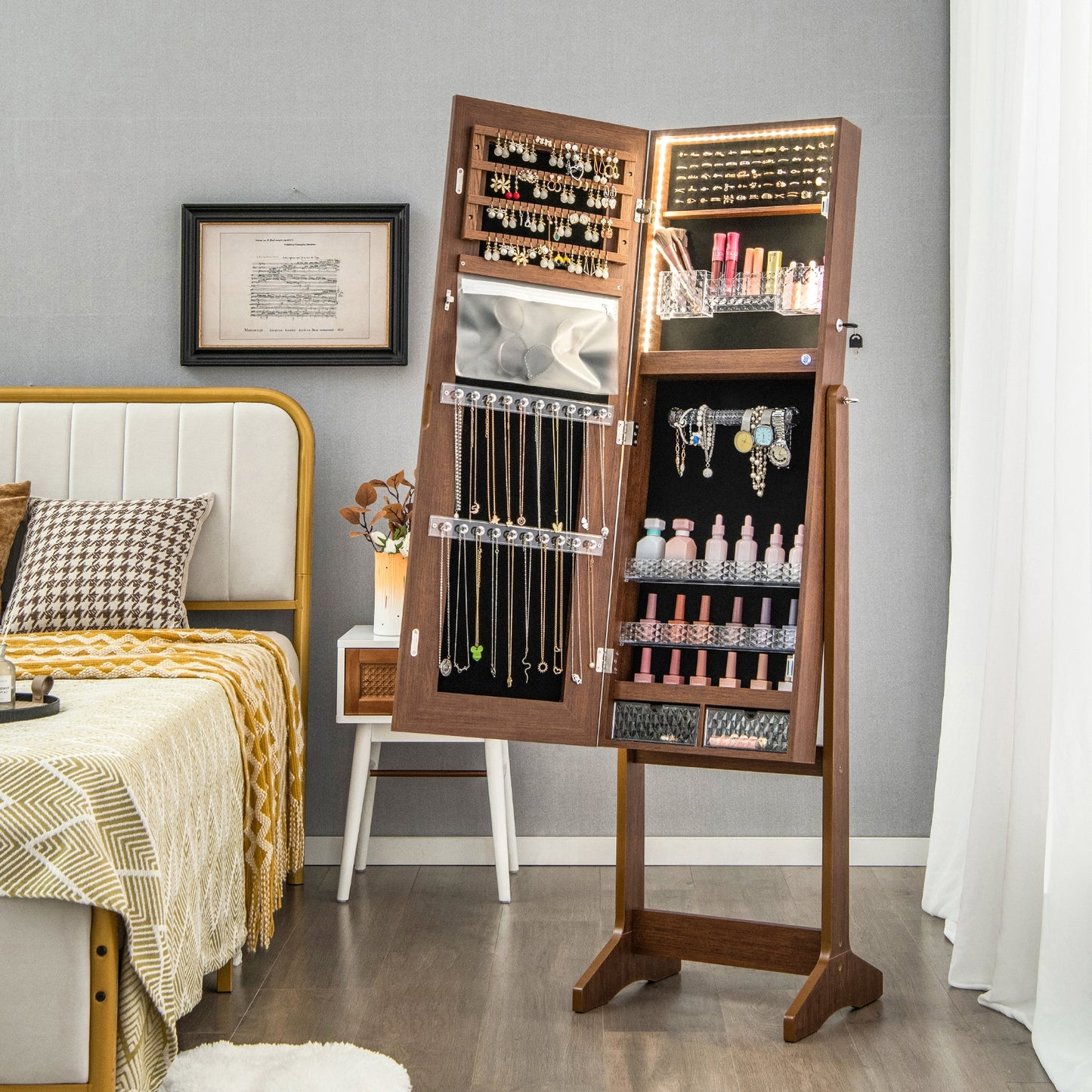 Lockable Jewelry Armoire Standing Cabinet with Lighted Full-Length Mirror-Walnut Kids Crystal