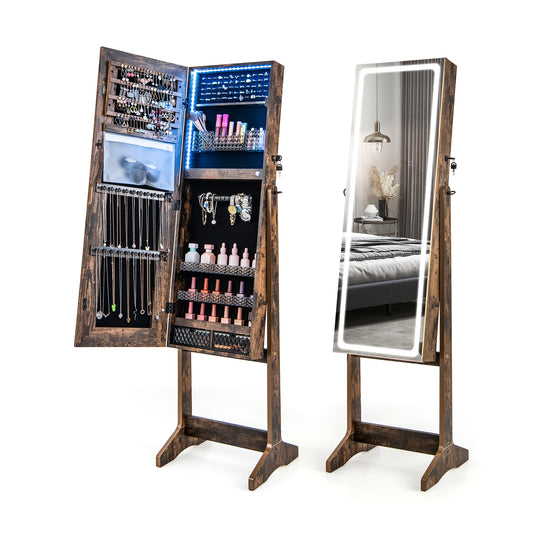 Lockable Jewelry Armoire Standing Cabinet with Lighted Full-Length Mirror-Rustic Brown Kids Crystal