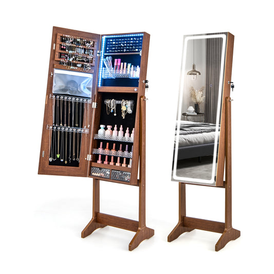 Lockable Jewelry Armoire Standing Cabinet with Lighted Full-Length Mirror-Walnut Kids Crystal