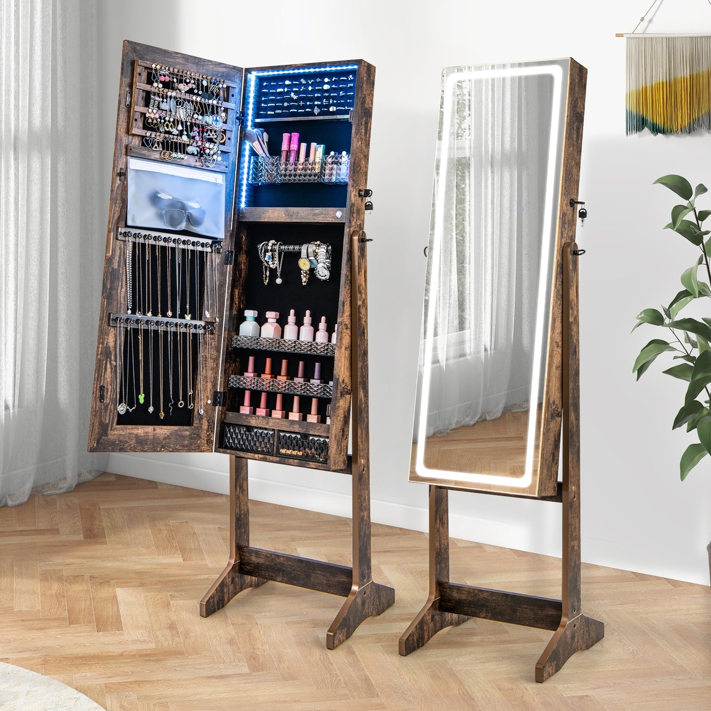 Lockable Jewelry Armoire Standing Cabinet with Lighted Full-Length Mirror-Rustic Brown Kids Crystal