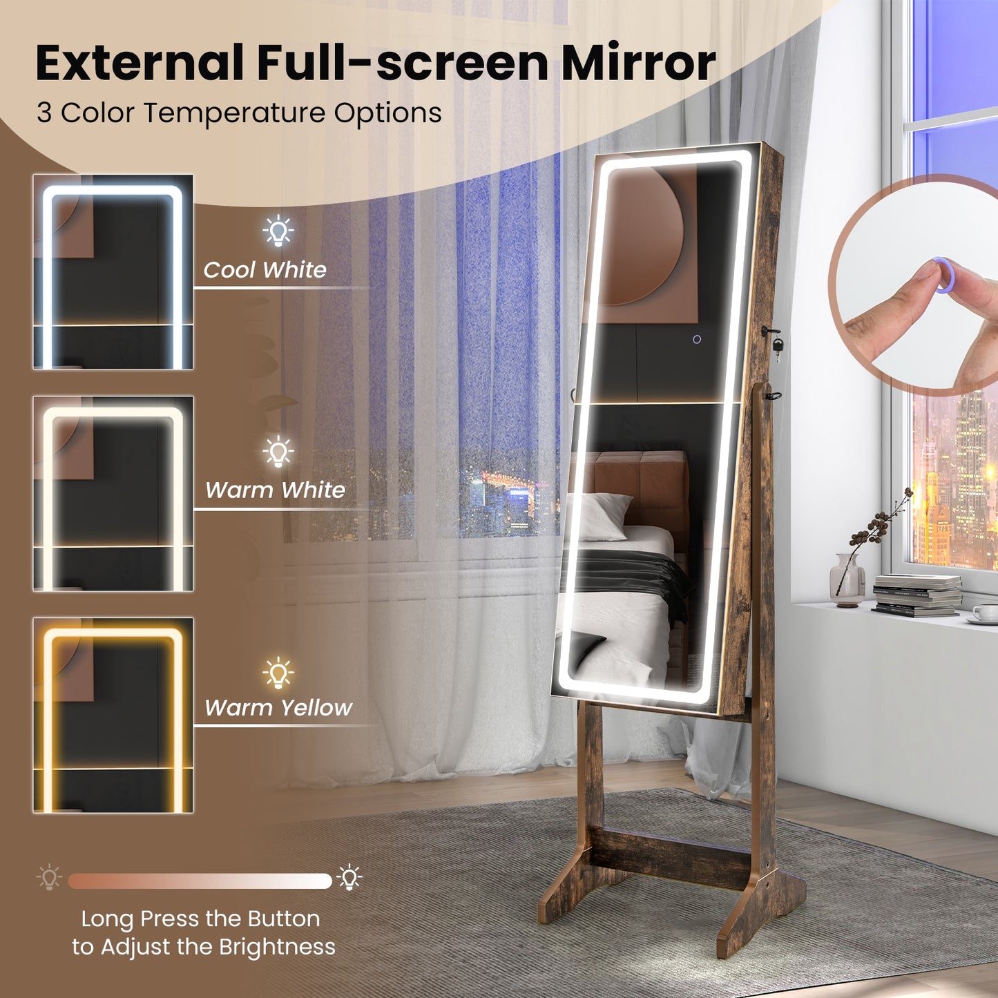 Lockable Jewelry Armoire Standing Cabinet with Lighted Full-Length Mirror-Rustic Brown Kids Crystal