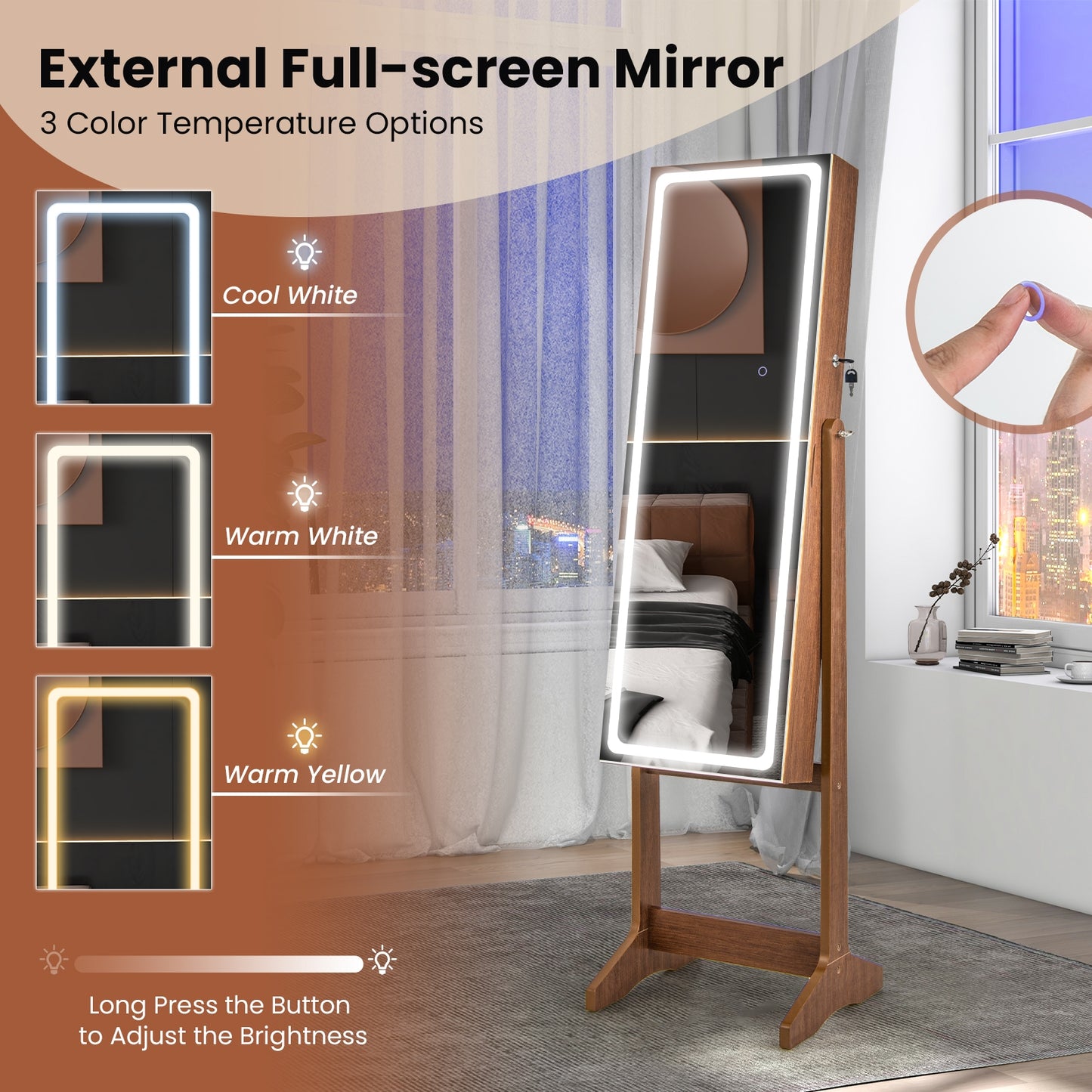 Lockable Jewelry Armoire Standing Cabinet with Lighted Full-Length Mirror-Walnut Kids Crystal