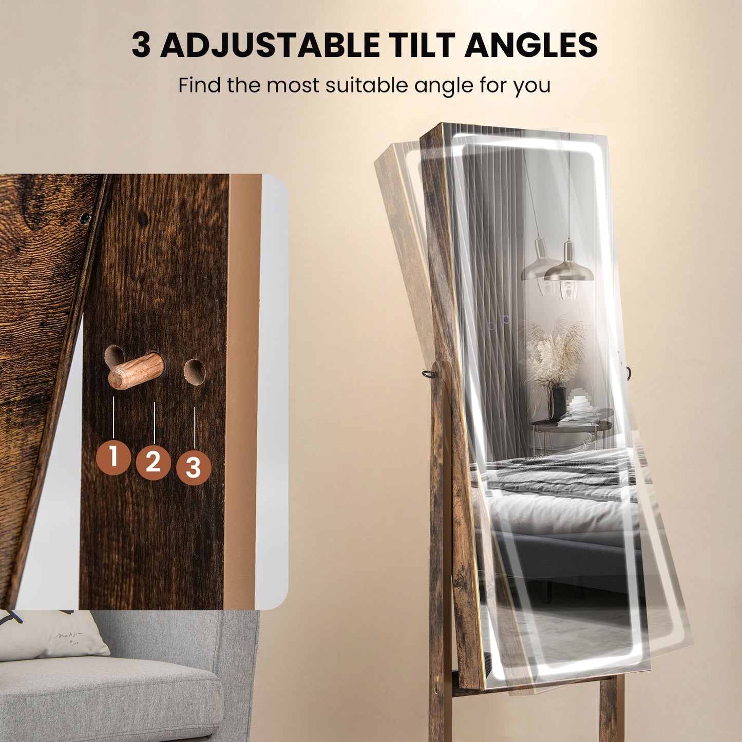 Lockable Jewelry Armoire Standing Cabinet with Lighted Full-Length Mirror-Rustic Brown Kids Crystal