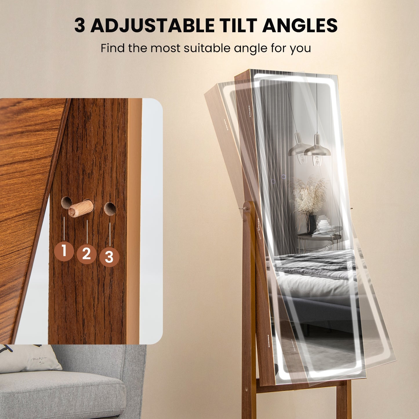 Lockable Jewelry Armoire Standing Cabinet with Lighted Full-Length Mirror-Walnut Kids Crystal