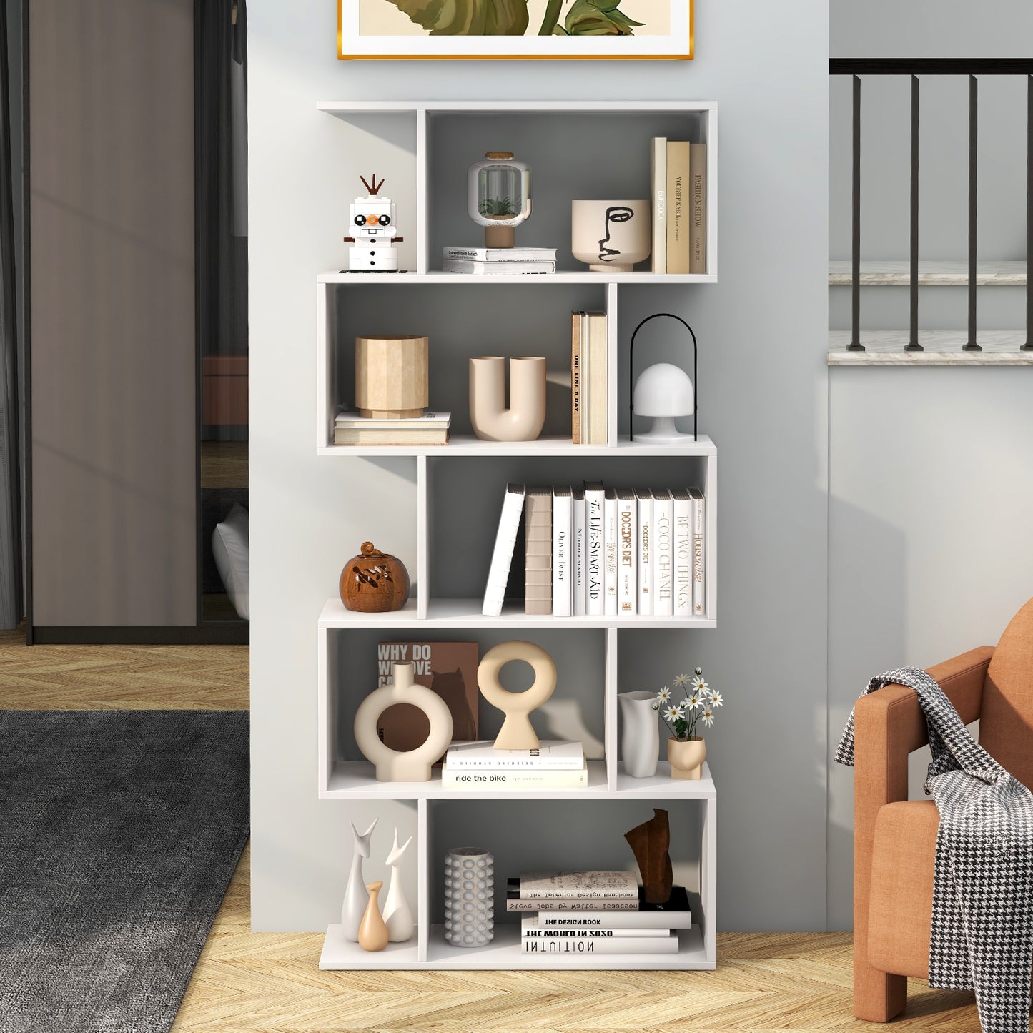 5-Tier Bookshelf with Anti-Toppling Device for Living Room Home Office-White Kids Crystal