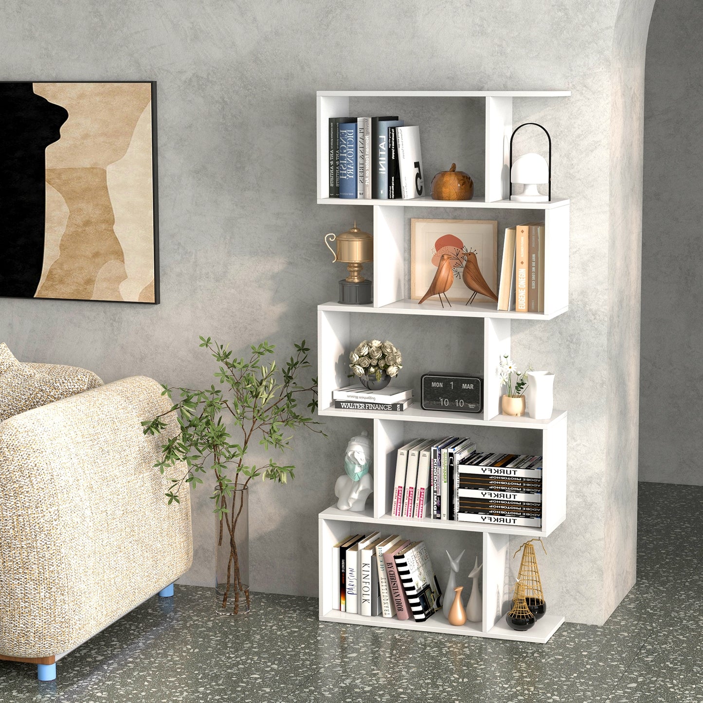5-Tier Bookshelf with Anti-Toppling Device for Living Room Home Office-White Kids Crystal