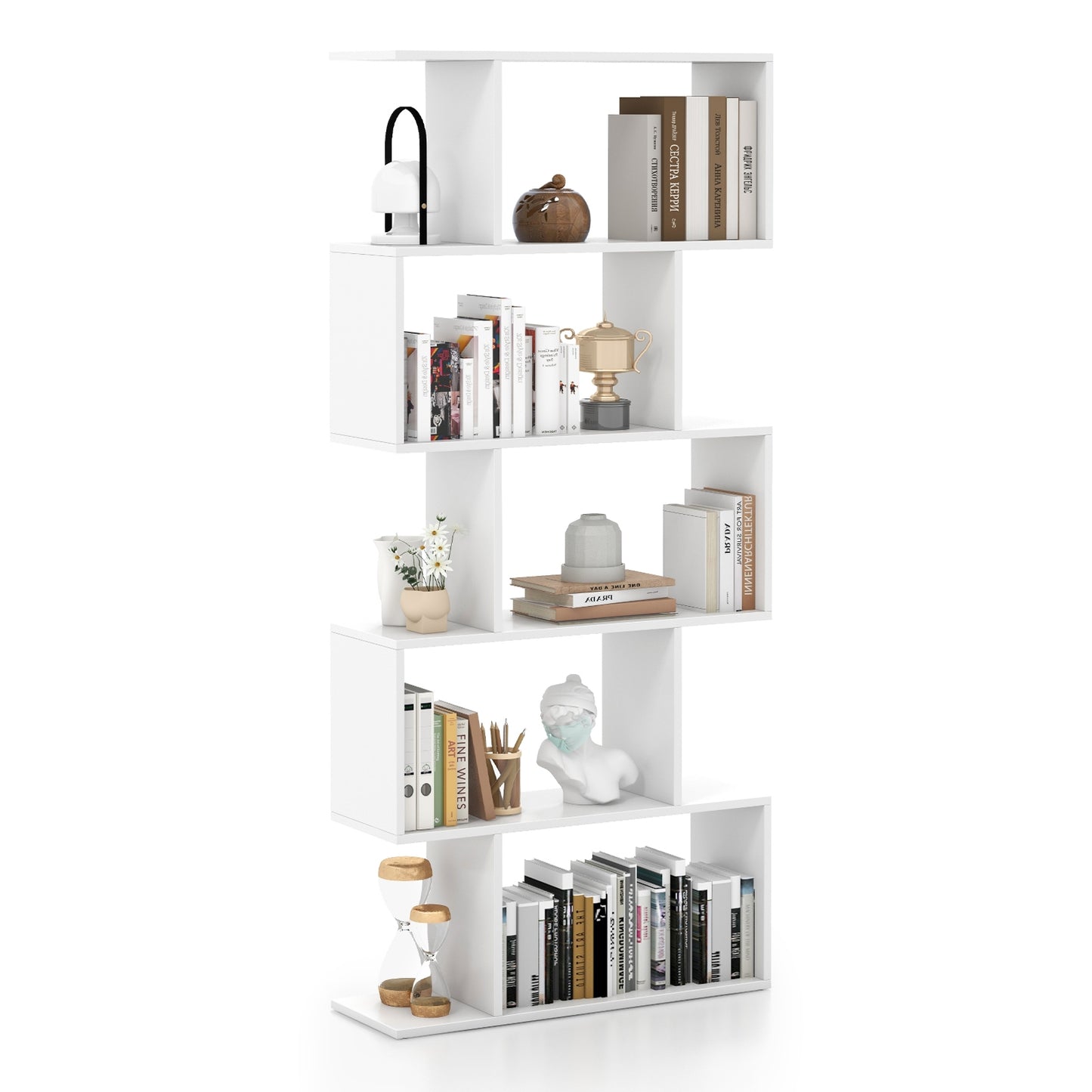 5-Tier Bookshelf with Anti-Toppling Device for Living Room Home Office-White Kids Crystal