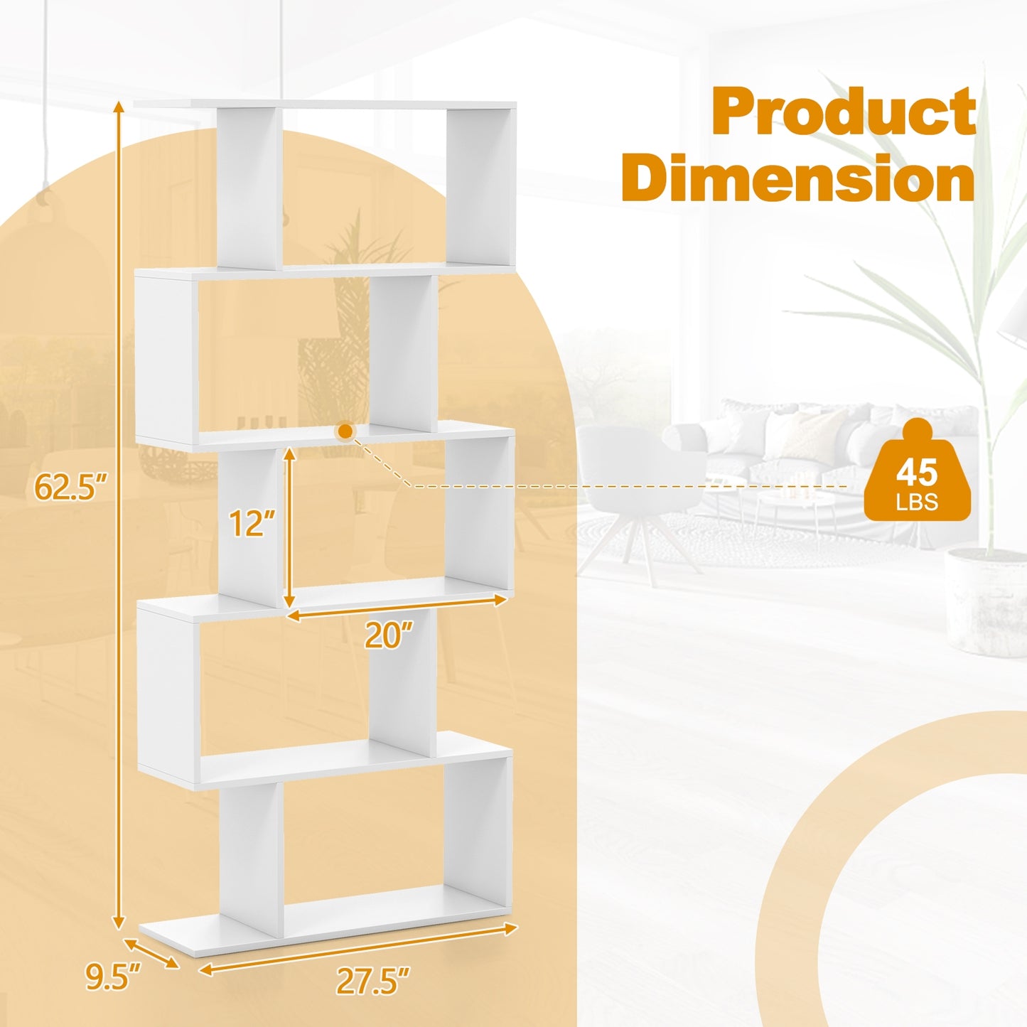 5-Tier Bookshelf with Anti-Toppling Device for Living Room Home Office-White Kids Crystal