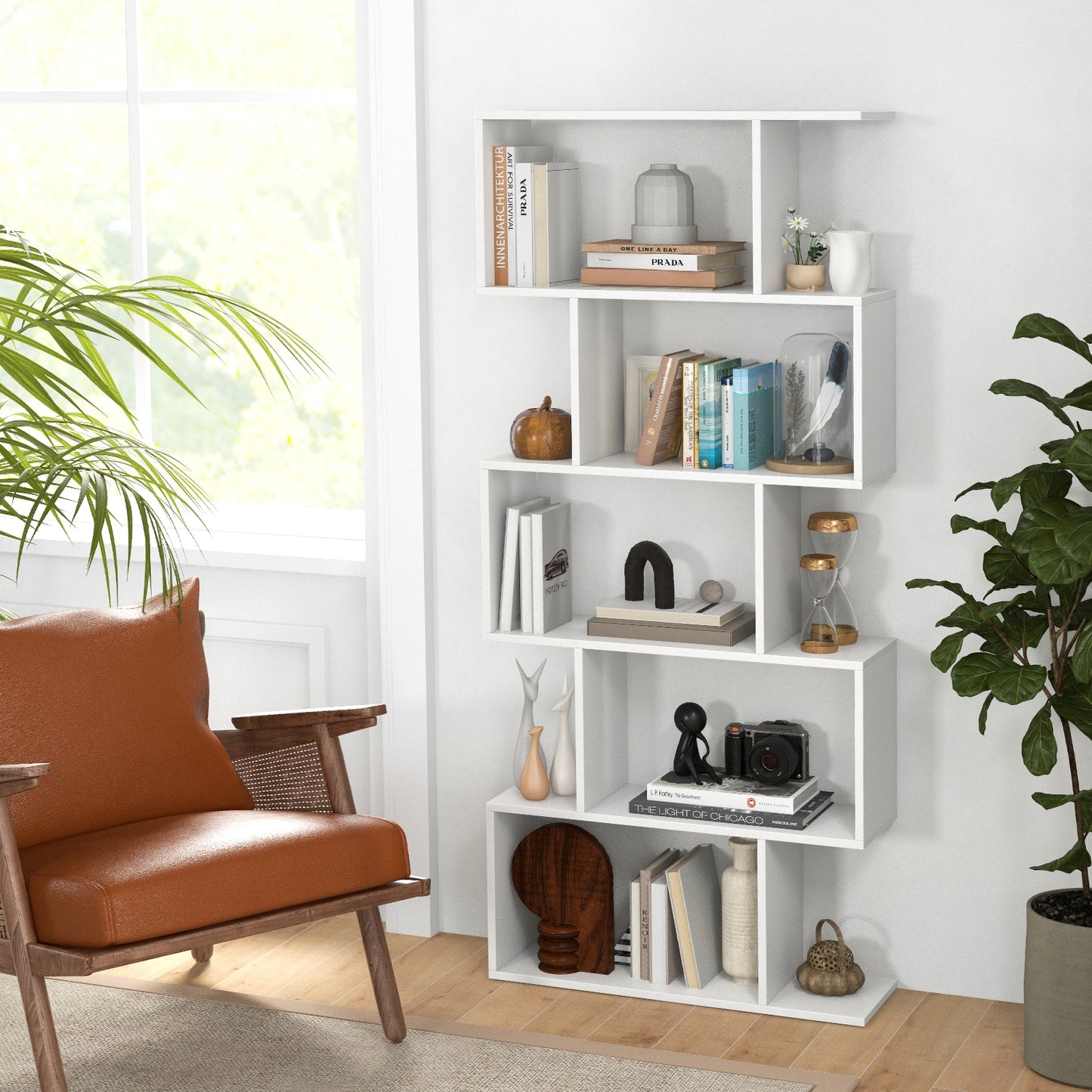 5-Tier Bookshelf with Anti-Toppling Device for Living Room Home Office-White Kids Crystal