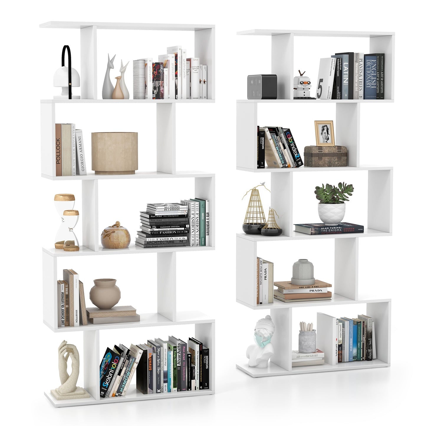 5-Tier Bookshelf with Anti-Toppling Device for Living Room Home Office-White Kids Crystal