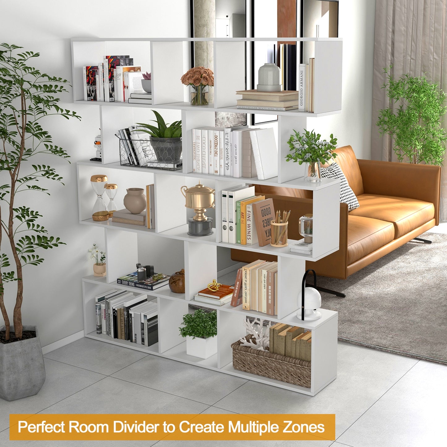 5-Tier Bookshelf with Anti-Toppling Device for Living Room Home Office-White Kids Crystal
