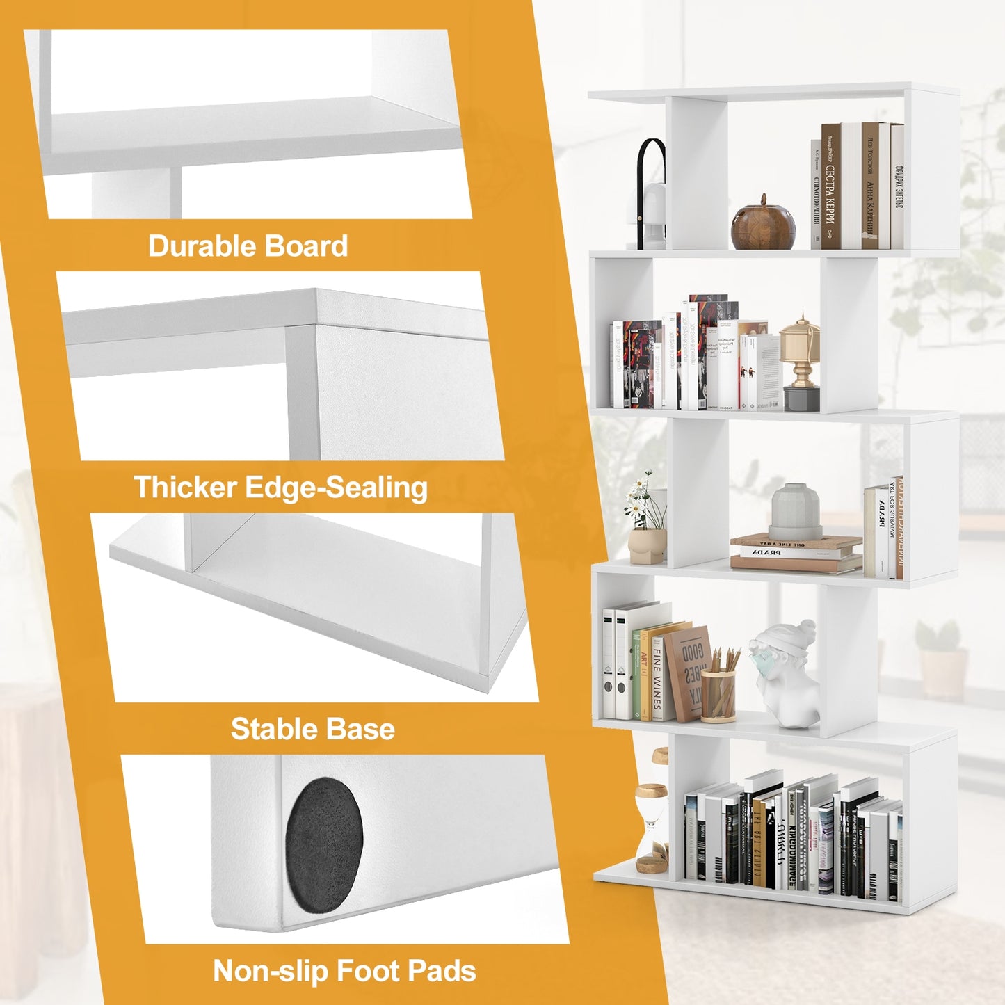5-Tier Bookshelf with Anti-Toppling Device for Living Room Home Office-White Kids Crystal