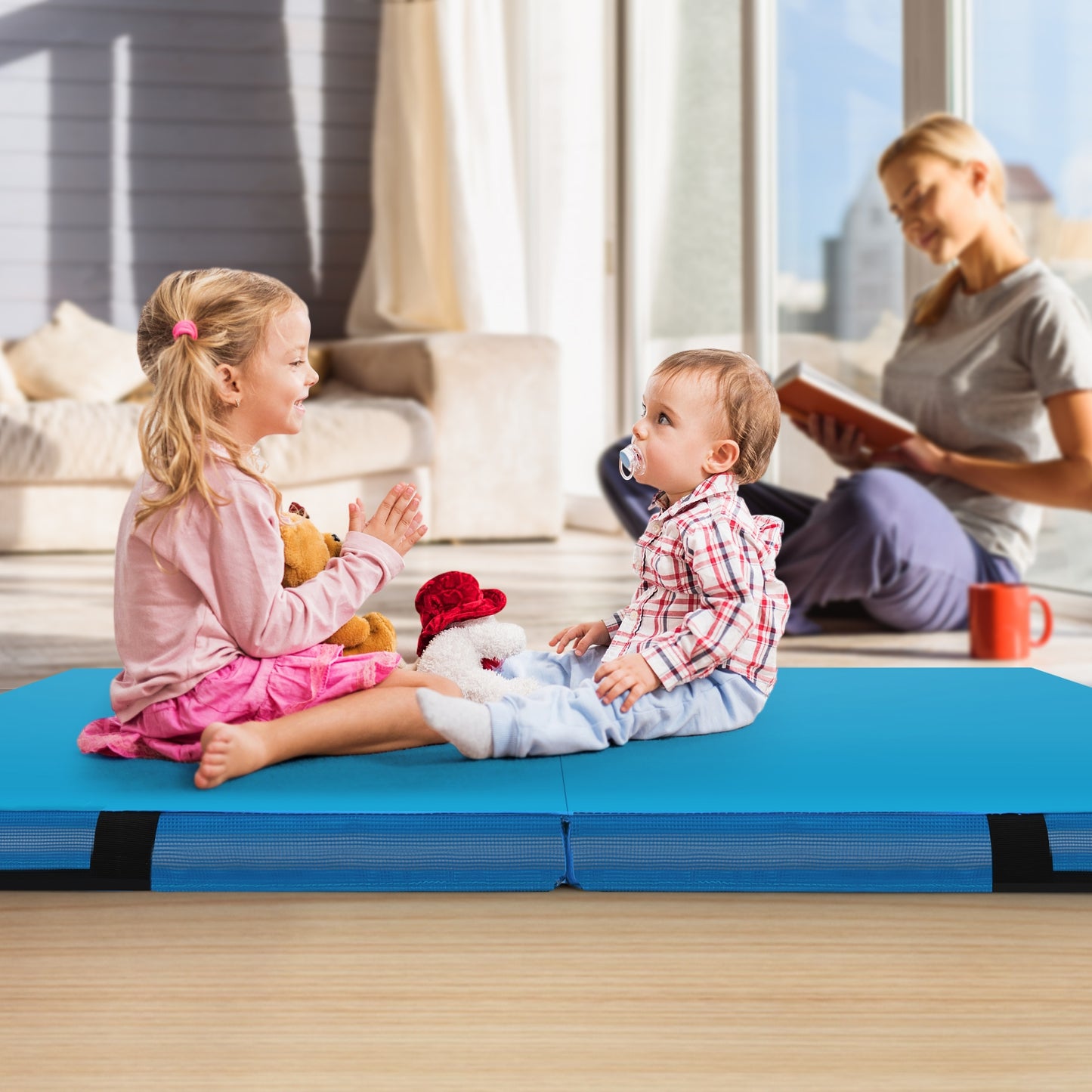 4ft x 4ft x 4in Bi-Folding Gymnastic Tumbling Mat with Handles and Cover-Blue Kids Crystal