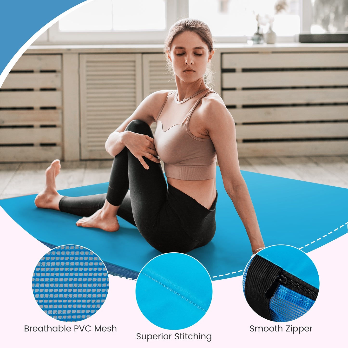 4ft x 4ft x 4in Bi-Folding Gymnastic Tumbling Mat with Handles and Cover-Blue Kids Crystal