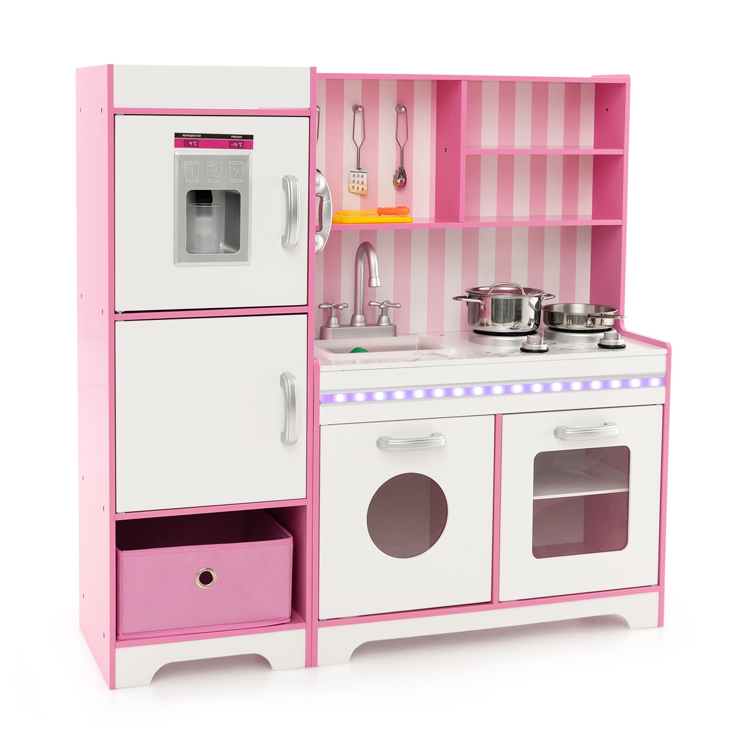Kids Kitchen Playset Wooden Toy with Adjustable LED Lights and Washing Machine-Pink Kids Crystal