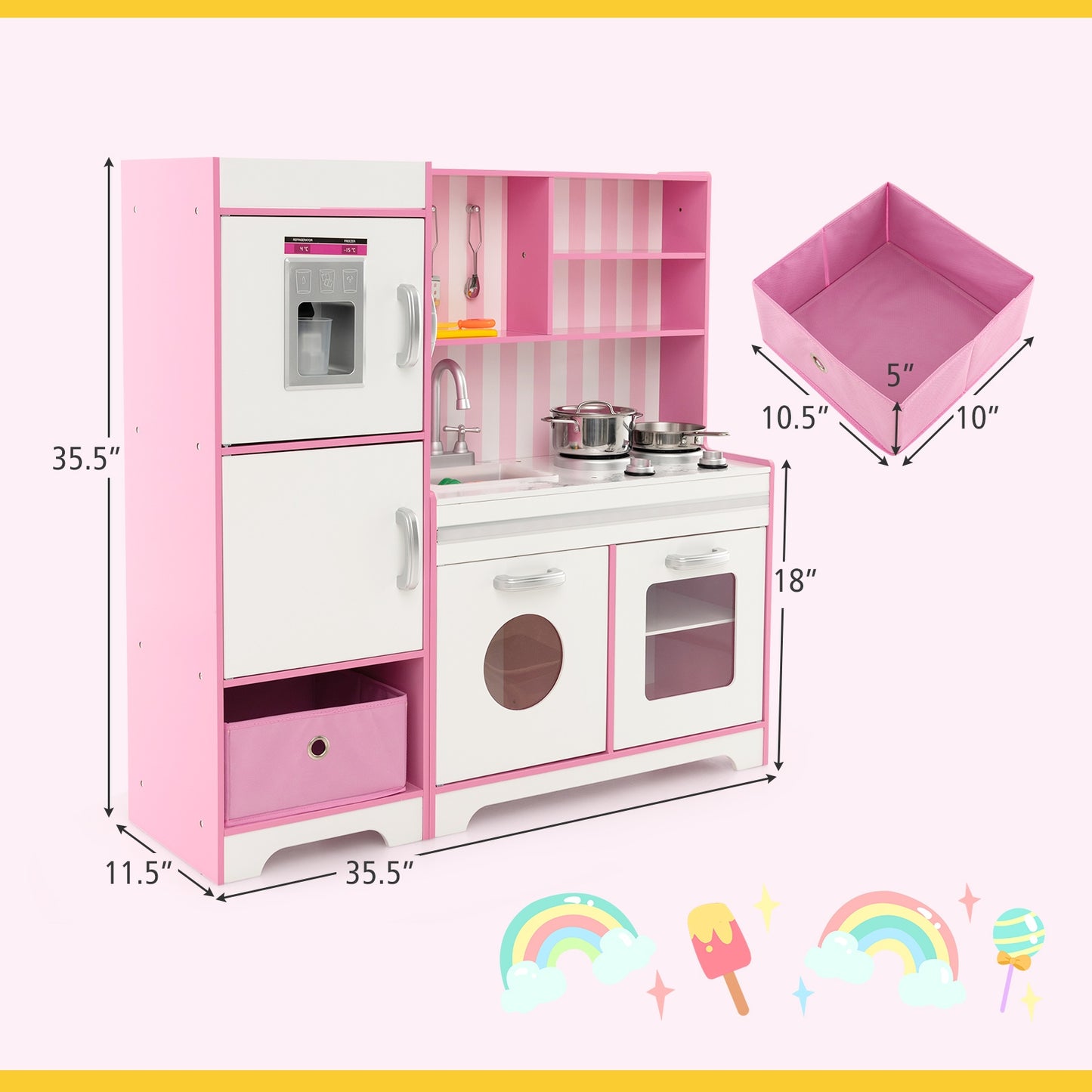Kids Kitchen Playset Wooden Toy with Adjustable LED Lights and Washing Machine-Pink Kids Crystal