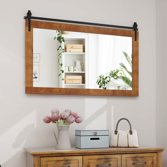40 Inch x 26 Inch Rectangle Barn Door Style Wall Mounted Mirror with Solid Wood Frame and Metal Bracket-Brown Kids Crystal