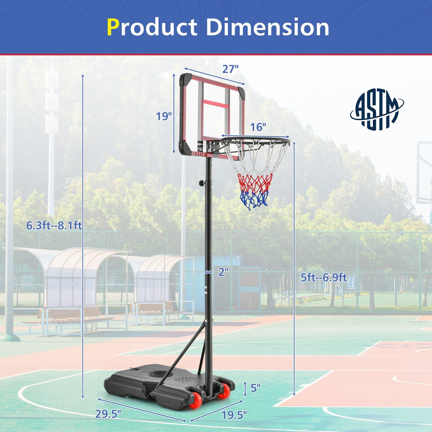 Basketball Hoop Stand 5 Feet-6.8 Feet Height Adjustable Kids Crystal