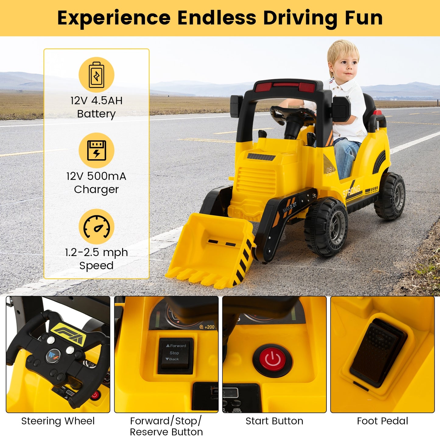 12V Kids Ride On Construction Tractor with Electric Adjustable Bucket-Yellow Kids Crystal