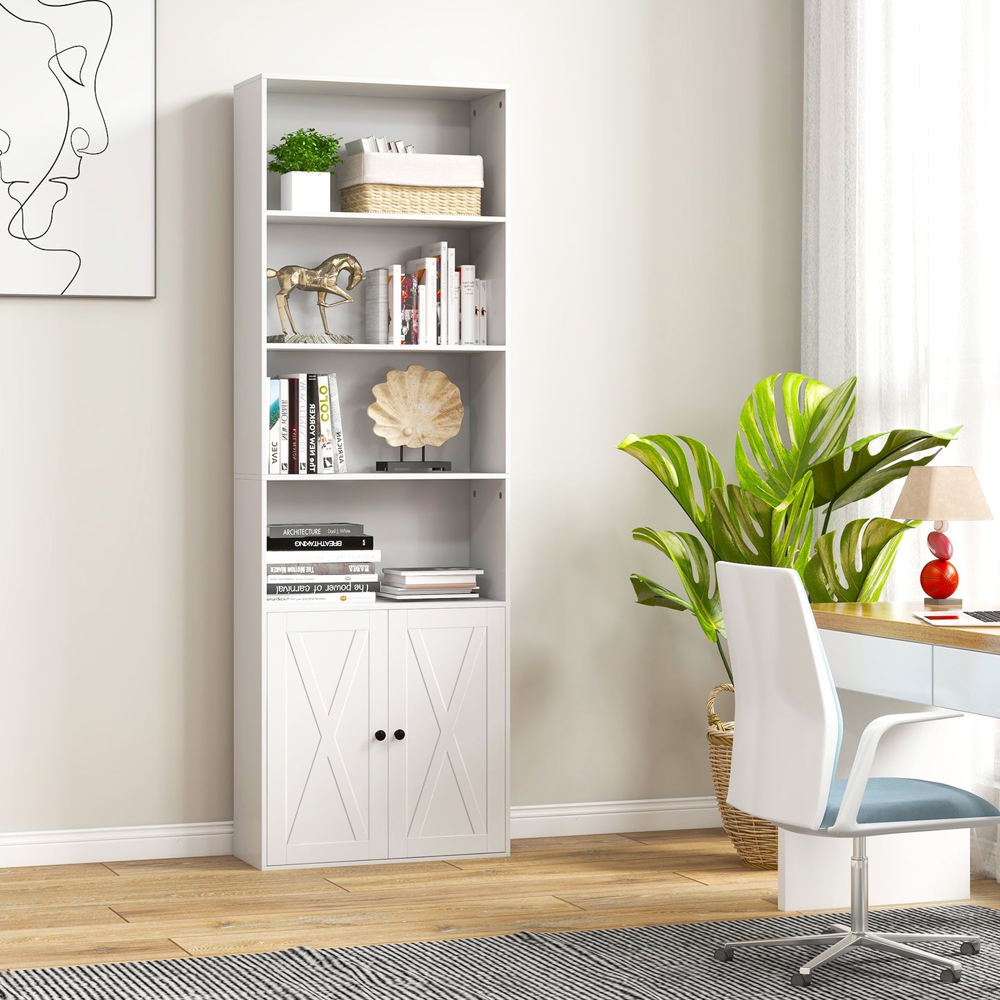 71 Inch Freestanding Bookshelf with 6 Shelves and 2-Door Cabinet-White Kids Crystal